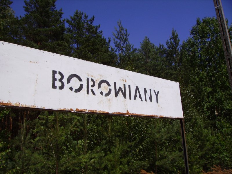 Bahnhofsschild vom Bahnhof Borowiany im Sommer 2006.